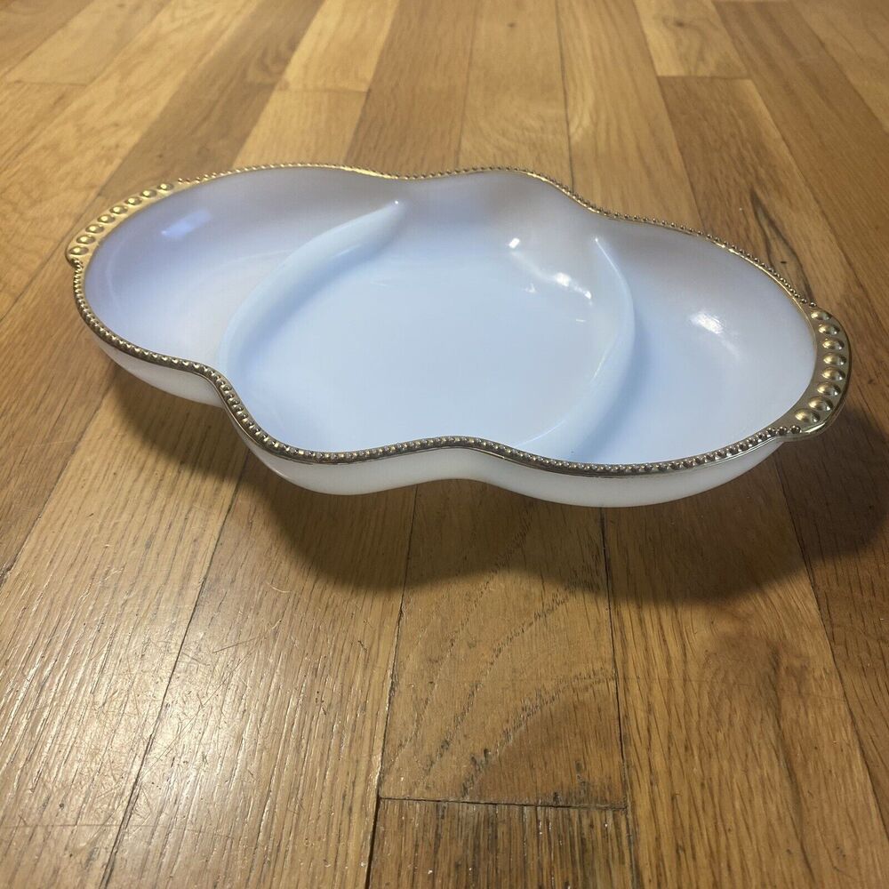 Vintage Fire King Oven Ware Milk Glass Divided Serving Dish With Gold Trim USA